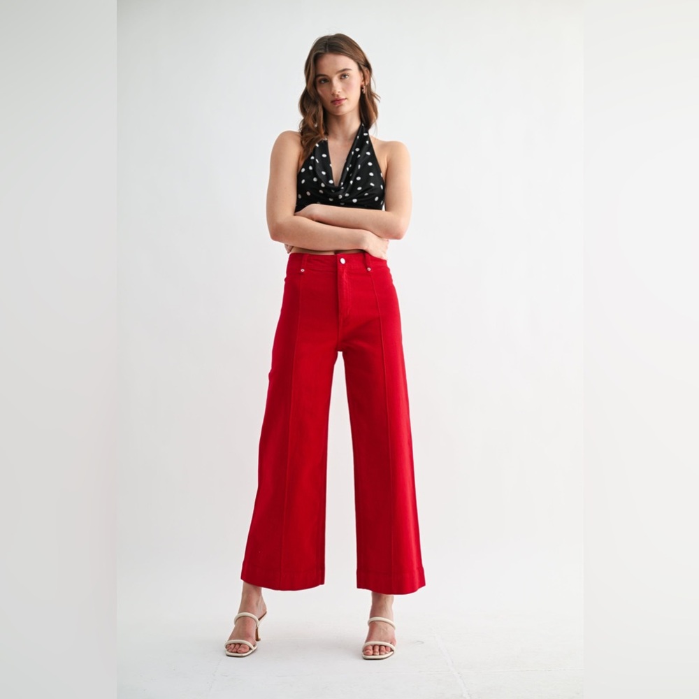 Front Seam Cropped Wide Leg High Waist Jeans - Mica